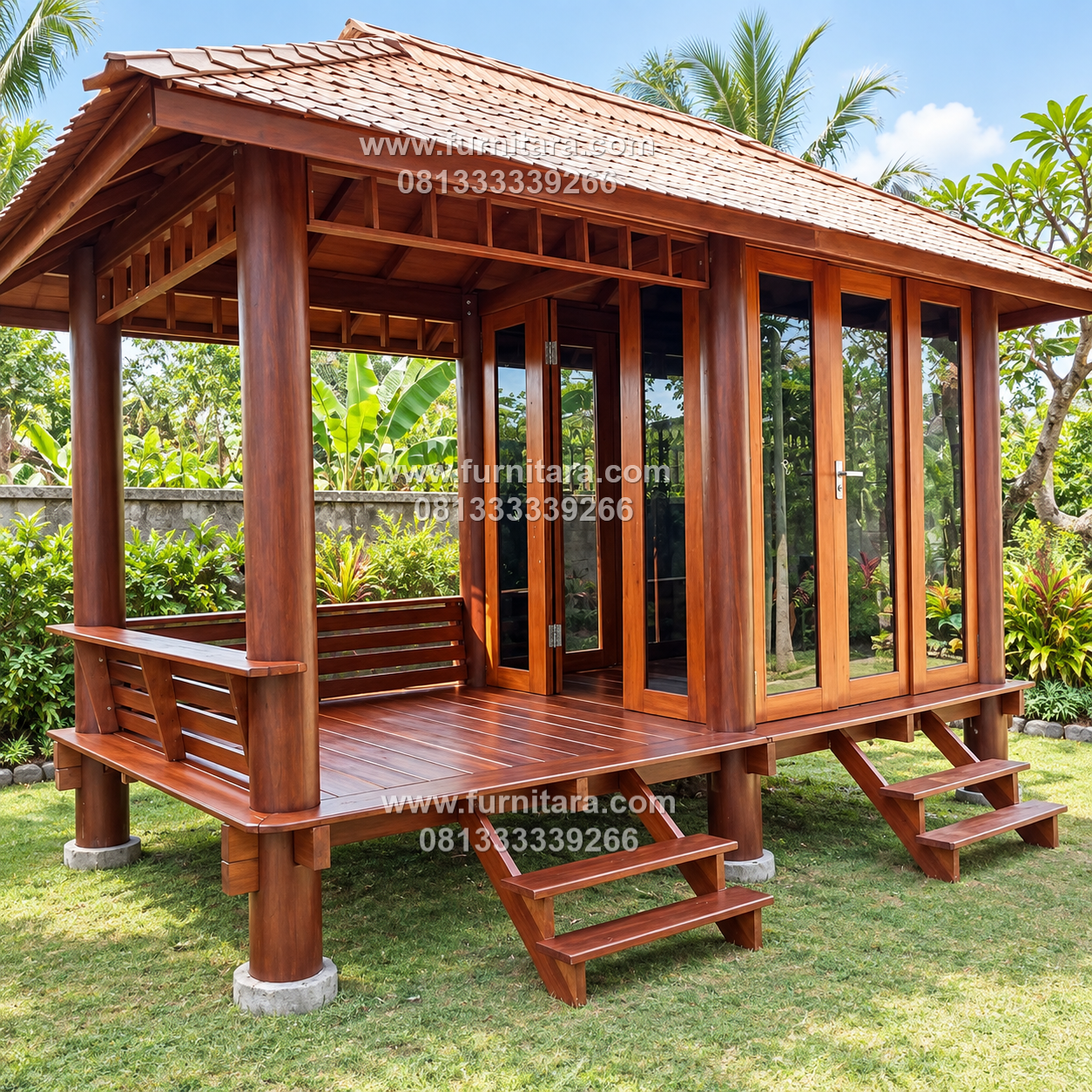 Gazebo Rumah Pintu Kaca 2,5x4 Kayu Jati