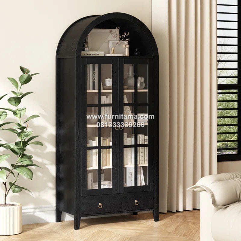 Lemari Hias Jati Minimalis 2 Pintu Kaca Warna Hitam