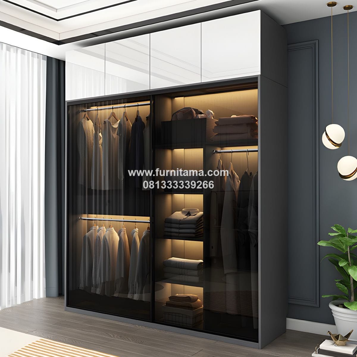 Lemari Pakaian Minimalis Pintu Kaca Sliding Elegan