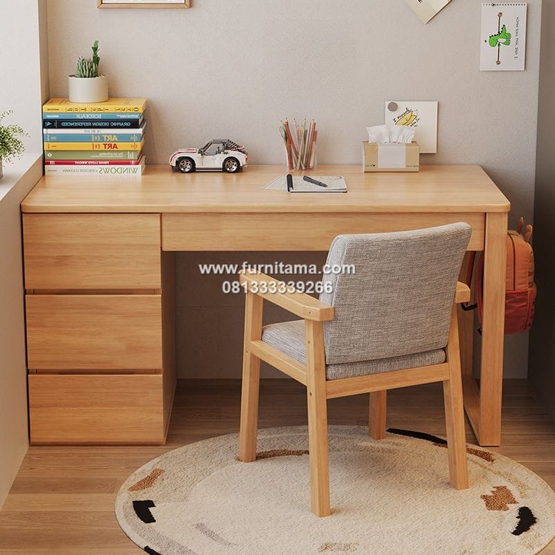 Meja Belajar Kayu Jati Minimalis Natural 3 Laci