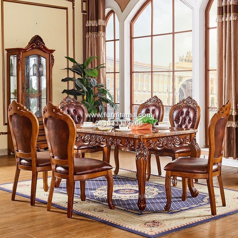 Meja Makan Ukir Mewah Dengan Marmer Modern