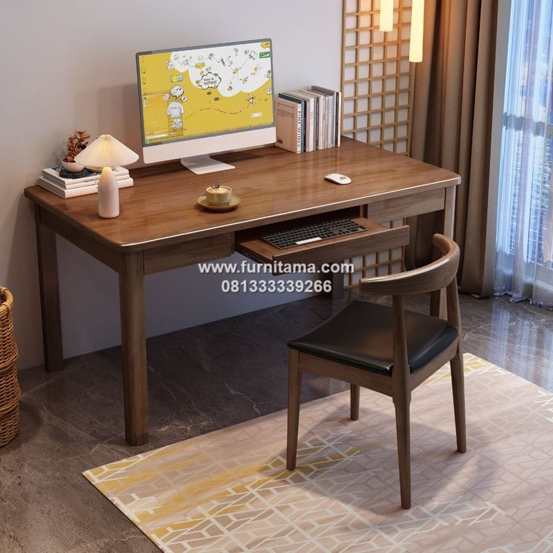 Meja Tulis Modern Kayu Jati dengan Laci Keyboard
