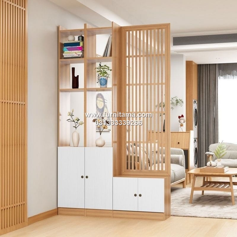 Partisi Ruang Tamu Minimalis Modern Dengan Rak Penyimpanan